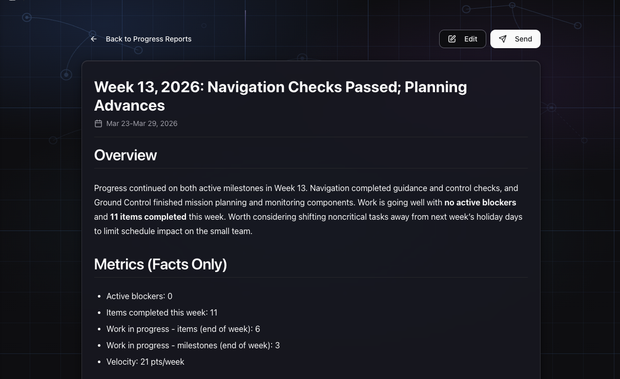 GoalPath weekly progress report showing milestone summaries, blocked items, and forecast changes