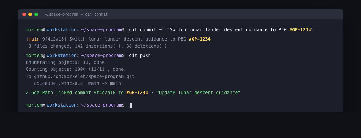 Terminal showing a git commit with #GP-1234 in the message, followed by GoalPath confirming the commit was linked to the item