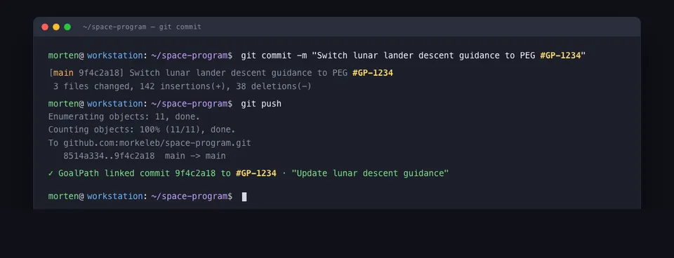 Terminal showing a git commit with #GP-1234 in the message, followed by GoalPath confirming the commit was linked to the item