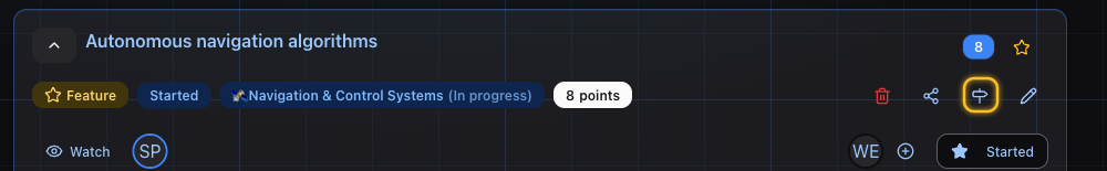 An item card's action row with the promote-to-milestone icon highlighted: a signpost between the share and edit icons