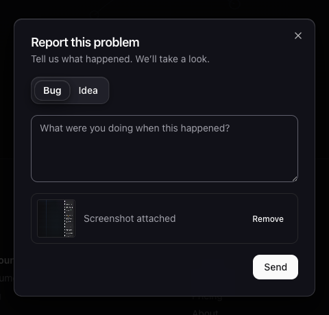 The "Report this problem" dialog with a screenshot already attached, ready to send