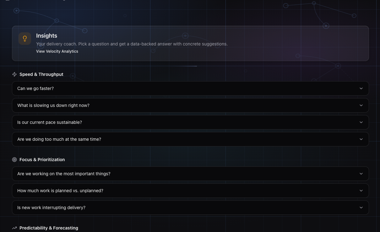 GoalPath Insights page showing flow time metrics and question categories for diagnosing delivery issues