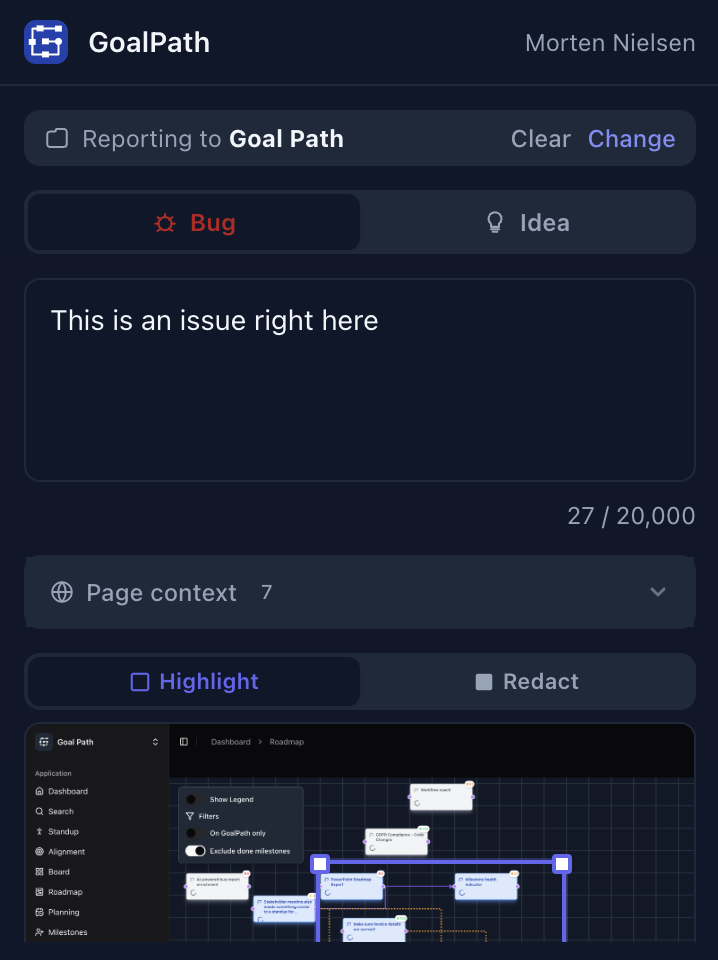 GoalPath browser extension showing a bug report with screenshot and context