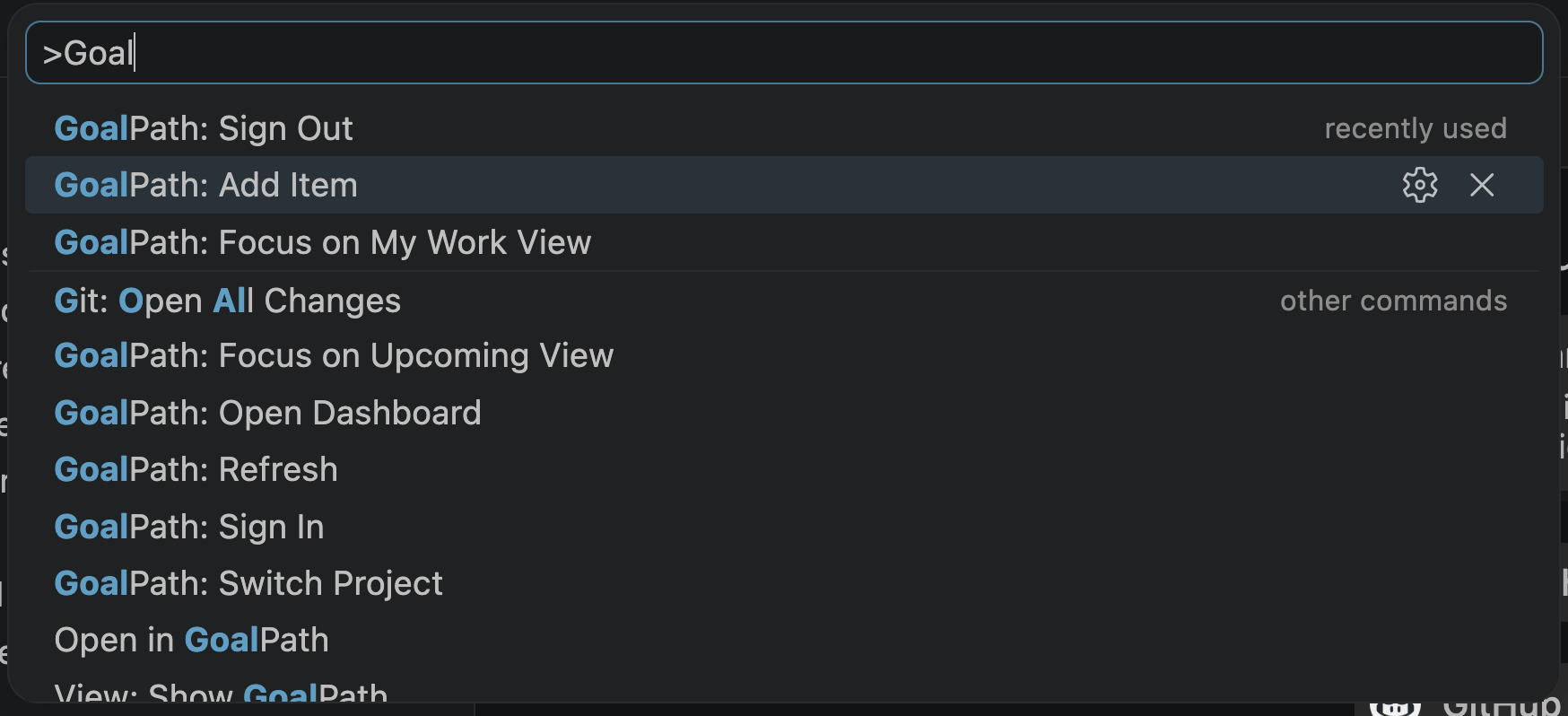 GoalPath commands in the command palette