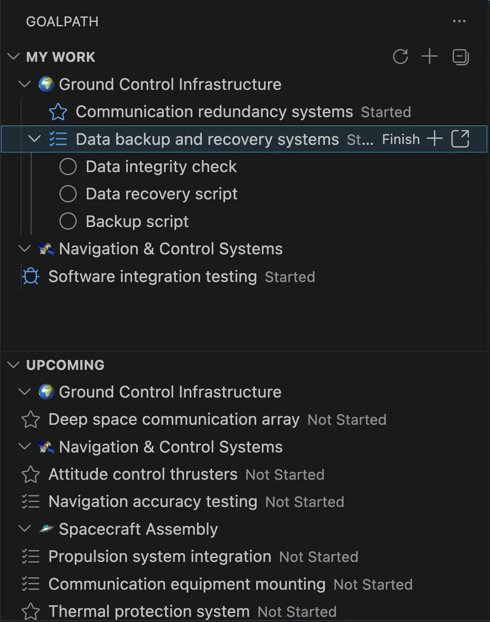 GoalPath sidebar in VS Code showing My Work and Upcoming sections