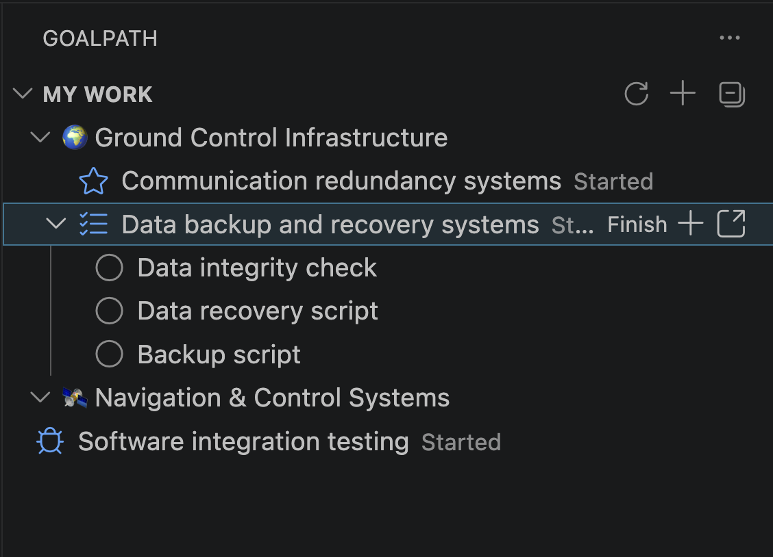 My Work sidebar showing milestones, items, subtasks, and inline actions